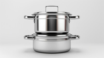 Poster - A stainless steel pot and pan stacked on top of each other in a kitchen setup