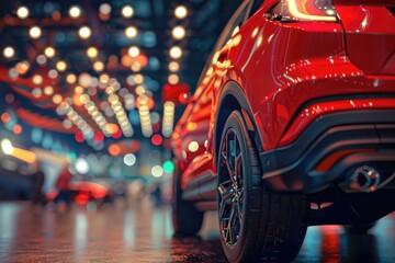 A close-up view of a red car parked on a busy city street, with people walking by