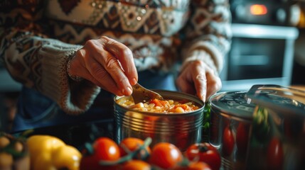 Woman's hand using a spoon to eat soup from a can on the kitchen counter with vegetables around her, close-up