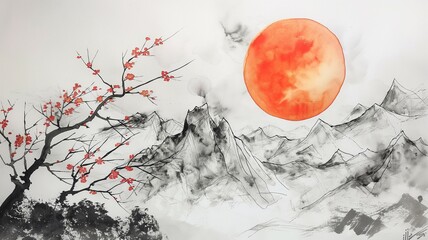 Mountain watercolor landscape with rising sun