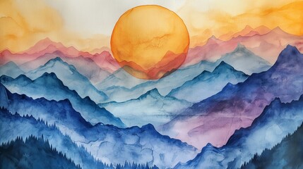 Mountain watercolor landscape with rising sun