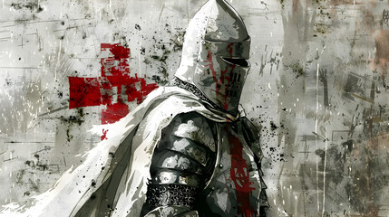 Wall Mural - A medieval Crusader knight with a red cross shield and chainmail, illustration.


