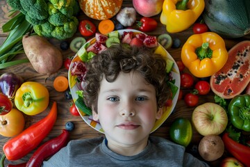 Child with vegetables and fruits around. Healthy eating, nutritious vitamin nutrition. Boy chose plant-based food