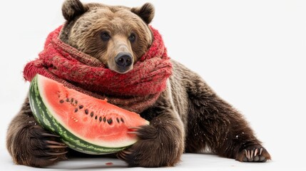 Wall Mural - A brown bear is seen wearing a scarf and holding a slice of watermelon