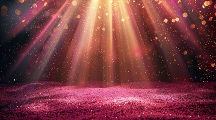 Wall Mural - Magenta   purple abstract light burst on dark with golden sparkles, a magical background