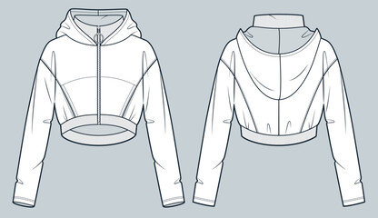 Hooded Sweatshirt technical fashion illustration. Zipped Jacket fashion flat technical drawing template, cropped, bat sleeve, oversize, front and back view, white, women, men, unisex CAD mockup.