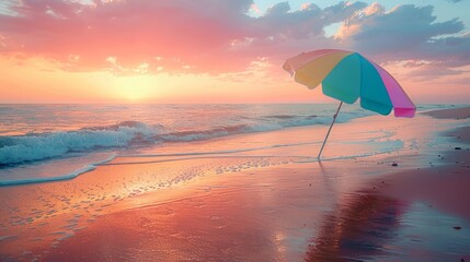 Serene Sunset at Beach with Colorful Umbrella and Gentle Waves