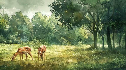  Watercolor illustration of a calm meadow with deer grazing under the morning sun. A peaceful nature scene filled with tranquility and beauty.