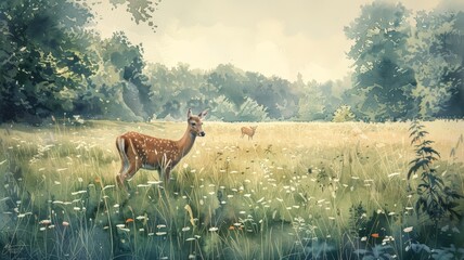 Wall Mural - Watercolor illustration of two deer grazing in a misty forest, surrounded by the morning's calm. An exquisite portrayal of nature's serenity.