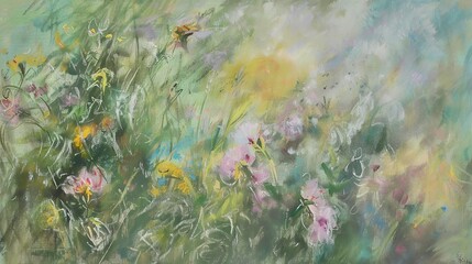 Wall Mural - close-up of monet-style garden flowers, soft morning haze, pastel hues, impressionistic, detailed
