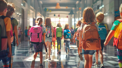 A group of children walking down a school hallway with backpacks on. Concept of education