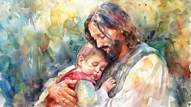 Stunning watercolor illustration of Jesus Christ embracing a child.