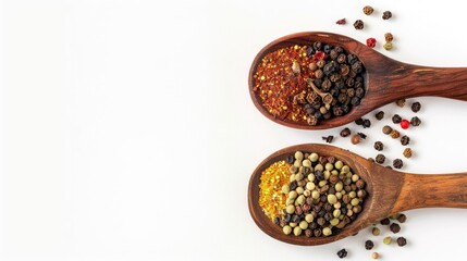 Canvas Print - Top view of spices in a wooden spoon against a white background