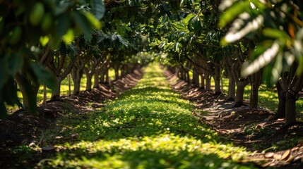 Avocado orchard, avocadoes riping on big avocado tree