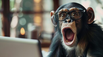 A monkey wearing glasses is looking at a laptop computer