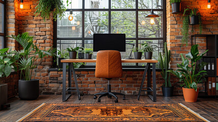  A cozy industrial office featuring a leather chair and a wooden desk with metal legs.