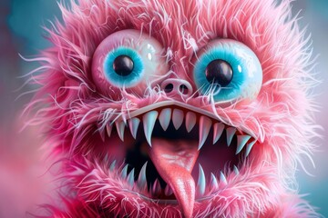 Close-up of a cute pink furry monster with big blue eyes and sharp teeth