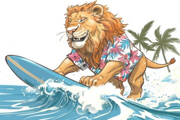 Wall Mural - A happy lion rides the waves in a colorful Hawaiian shirt, feeling carefree on a sunny beach day. The illustration pops against a crisp white background.