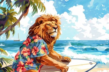 Wall Mural - A happy lion rides the waves in a colorful Hawaiian shirt, feeling carefree on a sunny beach day. The illustration pops against a crisp white background.