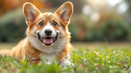 Smiling Corgi Puppy in Lush Green Grass