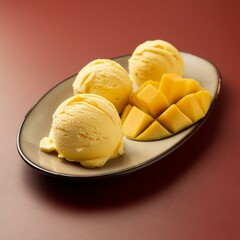 Poster - Yellow mango ice cream scoop or ball on red background