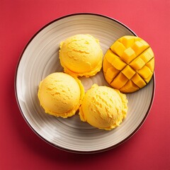 Poster - Yellow mango ice cream scoop or ball on red background