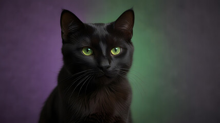 A bright black cat head close up with yellow green eyes on a purple and green isolated background. 