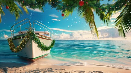 Wall Mural - New Year in the tropics, decorated boat with fir branches and red bows