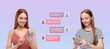 © New Africa - Women with smartphones texting on color gradient background, banner design. Message bubbles between them