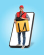 © New Africa - Online food ordering. Deliveryman with bag walking out of smartphone screen against light blue background