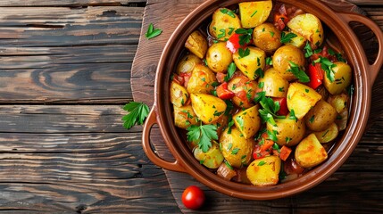 Canvas Print - Baked potatoes in the oven with vegetables in a bowl on a wooden background