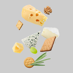 Wall Mural - Different types of cheese, crackers, grape, rosemary and walnut in air on light grey background