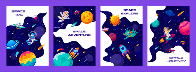 Poster - Space journey and galaxy explore posters with cartoon kid alien and astronaut characters, rocket and planets. Space exploration and discovery, outerspace travel vector posters with UFO and rockets
