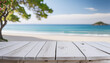 © anandart - Sective focus.White rustic wood table top with blur sea or beach and.For design product commercial,advertisement or material for packshot key visual layout