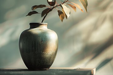 Wall Mural - Ceramic urn in soft evening light with faint leaf shadows: Monochromatic blurred background, creating a serene and respectful scene.