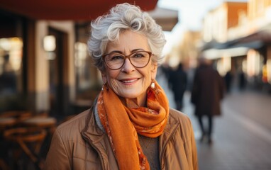 Wall Mural - A woman with glasses and a scarf is smiling in front of a building. She is wearing a brown jacket and a scarf