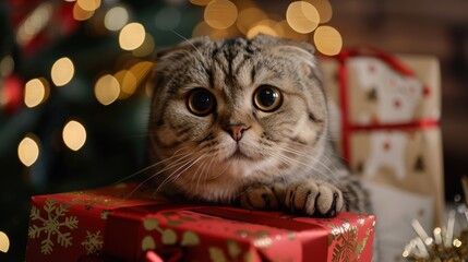 Curious cat rests on christmas present