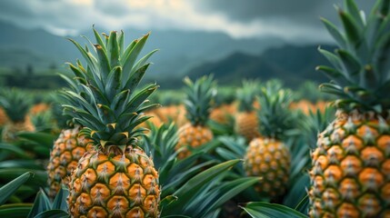 Wall Mural - Pineapples growing in the field close-up shot, beautiful scene, beautiful concept of pineapples