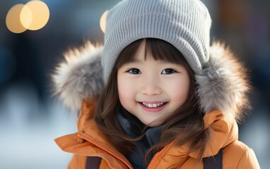 Wall Mural - A young girl wearing a grey hat and orange coat is smiling