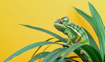 Wall Mural - Cute Chameleon on a Green Background with Space for Copy
