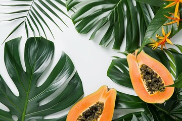 Wall Mural - Exotic Papaya and Tropical Foliage on White Background