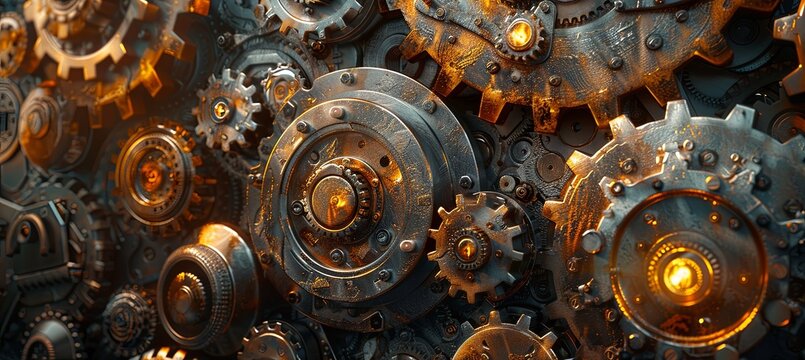 golden, silver and iron gears of many different sizes, portraying a complex scene, ultrarrealistic.