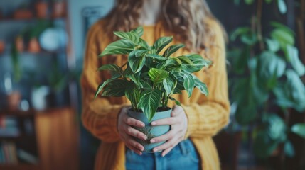 Young woman holds houseplant in her hands