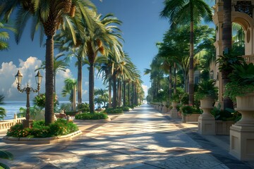 Sticker - Palm trees line a wide promenade with a marble floor and ornate lamp posts.