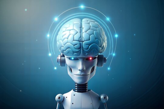 digital composite of brain with robot head and digital icons