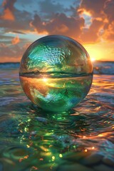 Sticker - A glass ball sits on the beach with the setting sun in the background