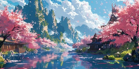 Wall Mural - Anime Riverside Cherry Blossoms