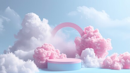 Wall Mural - Pastel pink and white clouds with a blue podium and a pink arch