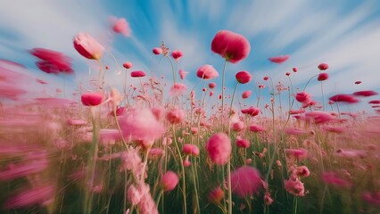 Close up abstract surrealism pink flowers on blue sky pastel color with motion blur effect