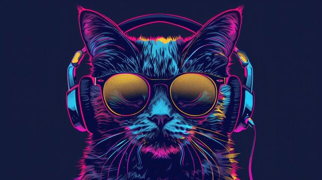 Cool cat listening to music with headphones and sunglasses